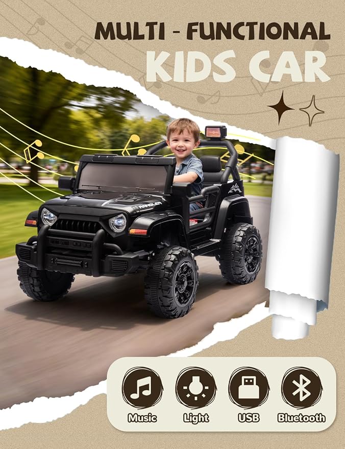 Ride on Car, 12V Kids' Electric Vehicles W/Parents Control, Ride on Toys for Toddlers with Music, Bluetooth, Four-Wheels Suspension, USB, Headlights, Black