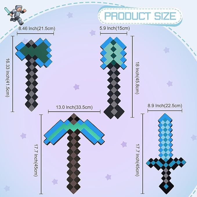 QRT 4 Pack EVA Foam Sword, Axe, Pickaxe and Shovel, Kids Role Play Toys for Halloween, Cosplay Video Game Parties (Blue Four Piece Set)