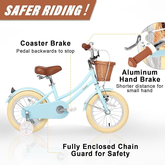 Glerc Little Molly 12-20 Inch Kids Retro Cruiser Bike for 2-13 Year Old with Wicker Basket & Training Wheels/Kickstand, Multiple Colors