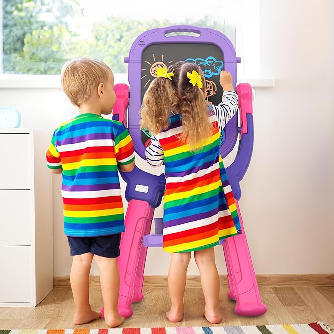 Easel for Kids, Toddler Art Easel Adjustable Standing, Magnetic Double Sided Easel with Painting Accessories Gift for Boys and Girls (Purple red)