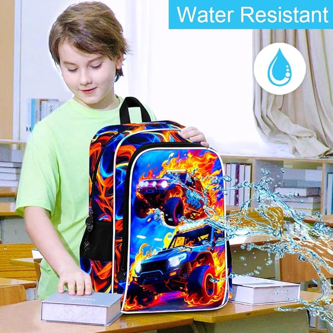 17" Monster Truck Backpack for Boy, 3Pcs Fire Bookbag for Elementary Preschool Kindergarten, Kids School Backpacks with Lunch Box (Red)