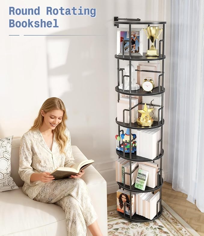 6 Tier Rotating Bookshelf Tower Round Black,74”Tall Spinning Bookshelf Tower Anti-Tipping Design,Metal & Wood Standing Revolving Bookcase Stackable Space Saving for Small Spaces,Study,Living Room