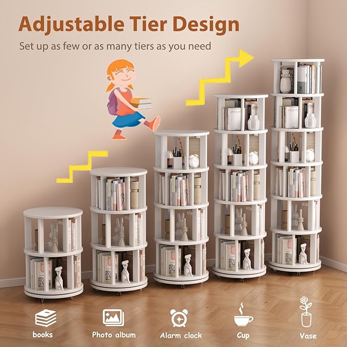 Solid Wood Rotating Bookshelf on Wheels, 6 Tier, Round Revolving Bookcase, 360° Spinning Book Shelf Tower for Kids, Narrow Rolling Bookshelves for Small Space, Corner, Bedroom, Office, White