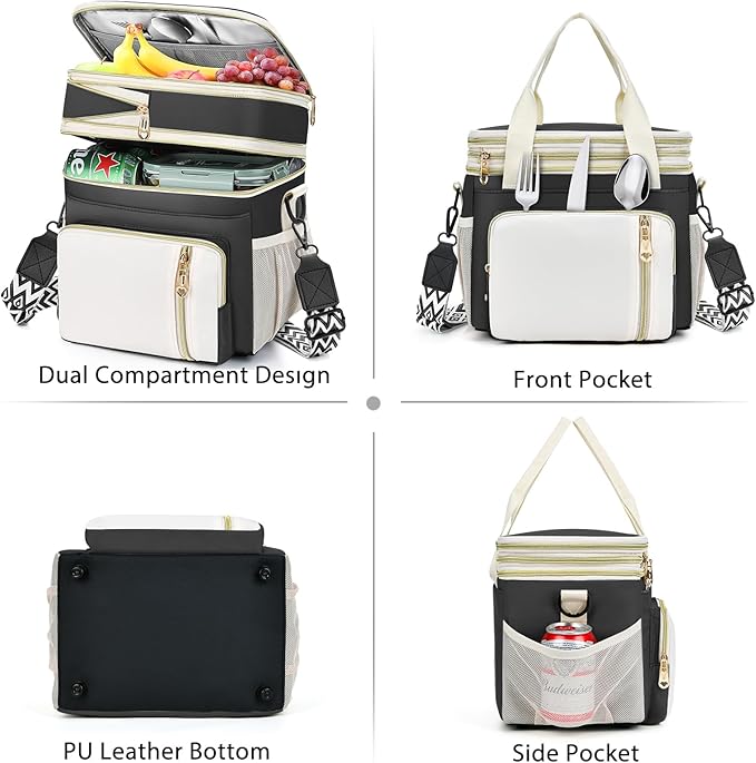 LOKASS Lunch Bag& Lunch Box for Men Women Double Deck,Large Insulated Adult Lunch Box Leakproof Lunchbox Cooler Bag for Work Picnic Beach,（Black&White）