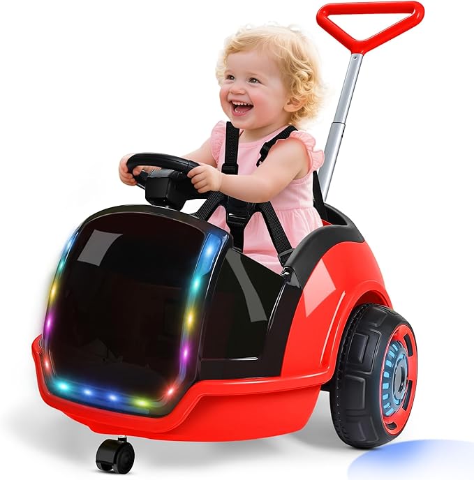 ANPABO 3-in-1 Electric Push Ride On Car, 12V Kids Ride On Toy w/Remote Control, 360° Spin, 5-Point Safety Belt, Colorful LED Light, Music Player, Push Car for Toddler Ages 1-3 (Red)