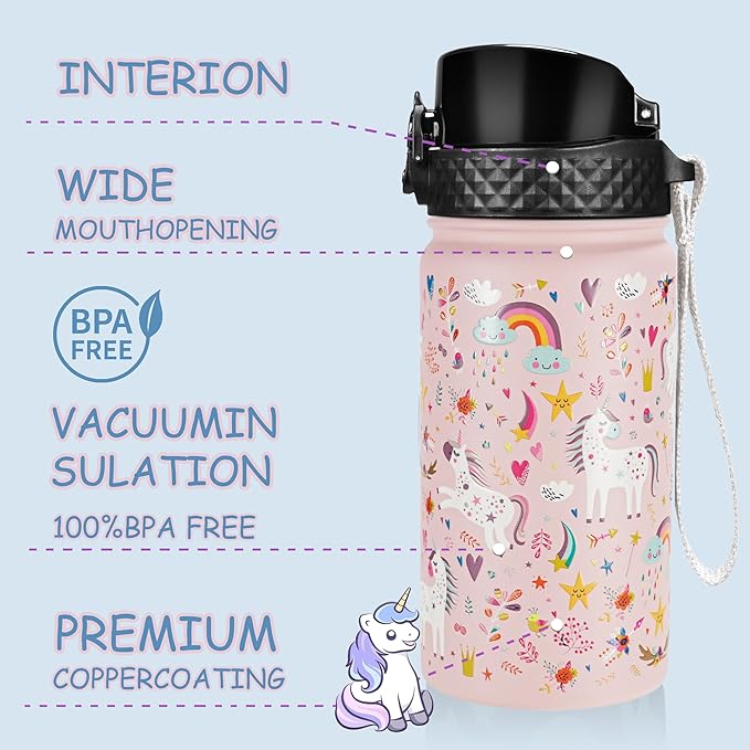 GOPPUS Kids Water Bottle (Straw Lid) - 14 Oz Stainless Steel Travel Bottle, Double Wall Vacuum Leak Proof Kids Cup for School Boys Girls,Unicorn Fields