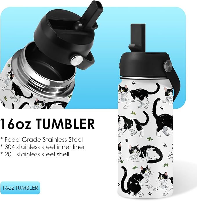 Cat Gifts for Kids - 16oz Cute Cow Cat Water Bottle with Straw Lid, Stainless Steel Insulated Tumbler, Leak Proof, BPA-Free, for Boys, Girls, School - Cow Cats Lovers Children Birthday Gifts Cups(1pc)