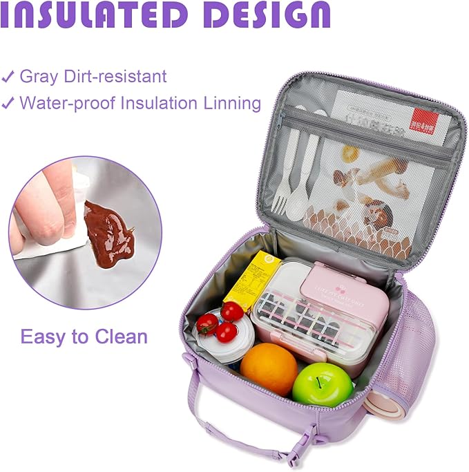Kids Initial Lunch Bag, Reusable Insulated Lunch Box for Girls Toddlers, Back to School Gift, Leak-proof Cooler Bag for School Daycare Travel Picnic, Purple-I