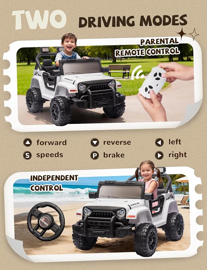 Ride on Car, 12V Kids' Electric Vehicles W/Parents Control, Ride on Toys for Toddlers with Music, Four-Wheels Suspension, USB, Headlights, White