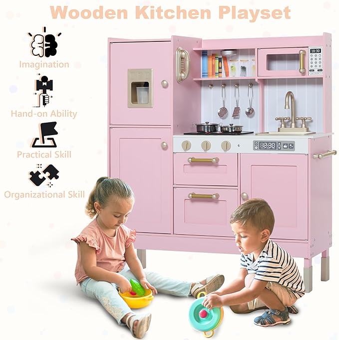 Play Kitchen for Kids, Wooden Kids Kitchen Playset with Realistic Sounds, Children Pretend Toy Kitchen Playset w/Stove, Oven & Ice Maker, Little Chef Play Kitchen for Girls and Boys, Pink