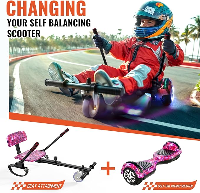 Scooter with Seat Attachment for Kids Adults, 6.5'' 8.5''Balancing Scooter with Bluetooth Speakers & Colorful LED Light with Kart