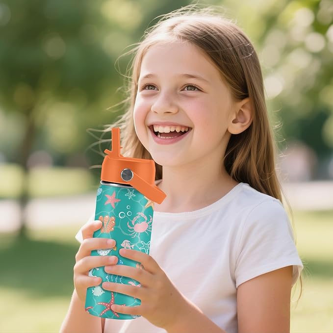 Ocean Gifts for Kids - 16 Oz Green Water Bottle with Straw Lid, Stainless Steel Insulated Tumbler, Leak Proof, BPA-Free, for Girls & Boys, School, Beach - Marine Life Lovers Birthday Gifts (1pc)