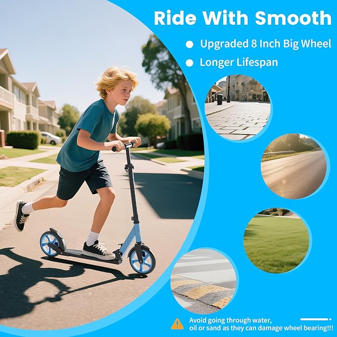 Kick Scooter for Kids 5-12, Teens, Foldable Lightweight Adult Scooter with 8 Inch Wheels, Max Load 240 LBS, Gift for Childs
