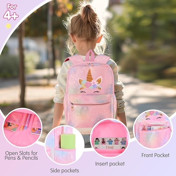Cokouchyi 3 Pcs Kids Backpack Set with Lunch Box & Pencil Case, Lightweight Preschool Backpack for Girls Age 3-8, Kids Book bag Elementary, Unicorn