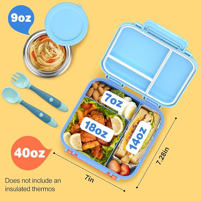 Bento Lunch Box for Kids with 9oz Thermo, Leak-proof Lunch Containers with 3 Compartments,Kids-friendly Size,Durable/Dishwasher Safe Lunch Box for School Outdoors-Blue