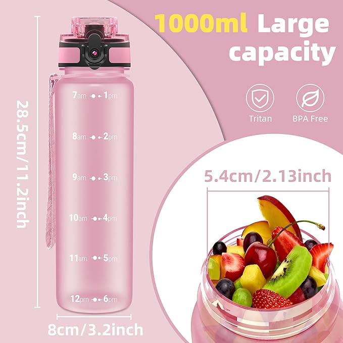 OLDLEY 32 oz Water Bottle, Motivational Water Bottle with Time Marker, Sports Water Bottle With Strap, Leakproof & BPA Free Large Water Bottles for School, Gym, Travel, Outdoor, Tritan,Pink