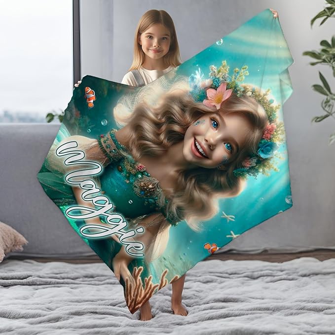 Zocoshi Custom Little Mermaid Blanket Personalized Gift for Daughter, Little Mermaid Birthday Surprise, Blanket for Her, Kids Custom Face Gifts