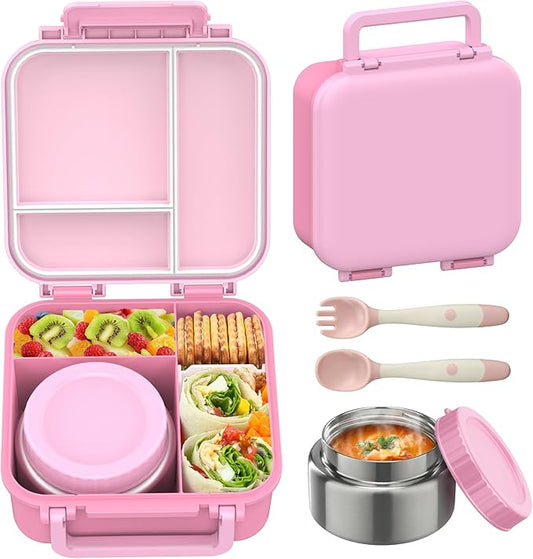 Bento Lunch Box for Kids with 9oz Thermo, Leak-proof Lunch Containers with 3 Compartments,Kids-friendly Size,Durable/Dishwasher Safe Lunch Box for School Outdoors-Pink