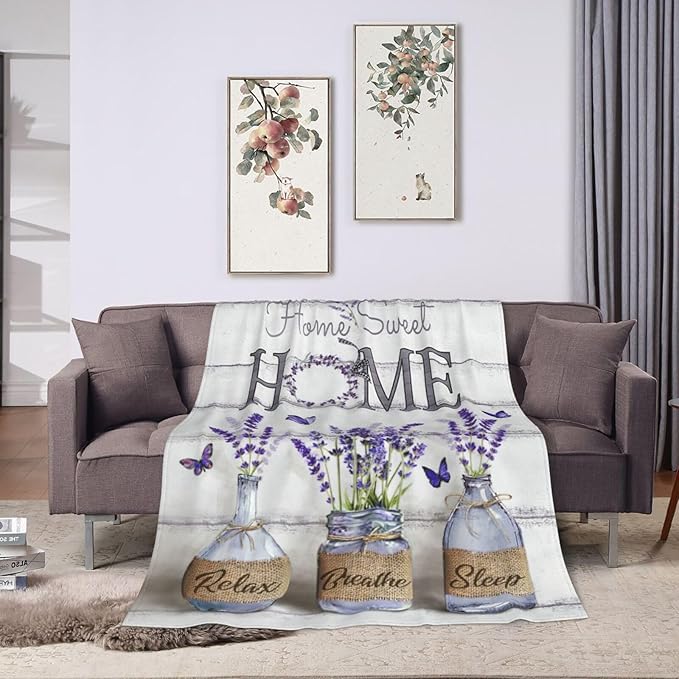 Farmhouse Floral Blanket for Women Girls Ultra Soft Cozy Lavender Flower Throw Blanket Fleece Fuzzy Plush Bedding Blanket Purple Flower Gifts for Women Girls Kids Adults Couch Sofa 60"x50"