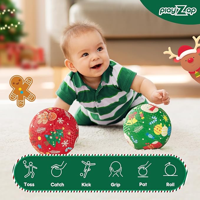 PlayZap 2 Pack Playground Balls for Kids, Christmas Kickballs for Toddlers, 8.5 in Rubber Balls with Pump, Indoor & Outdoor Dodgeball Toys for Boys & Girls Gifts