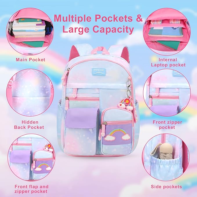 Girls Backpack Set 3 IN 1,Cute Rainbow Kids Backpack with Insulated Lunch Box Pen Case Set Student School bag(Blue-3 pieces set)