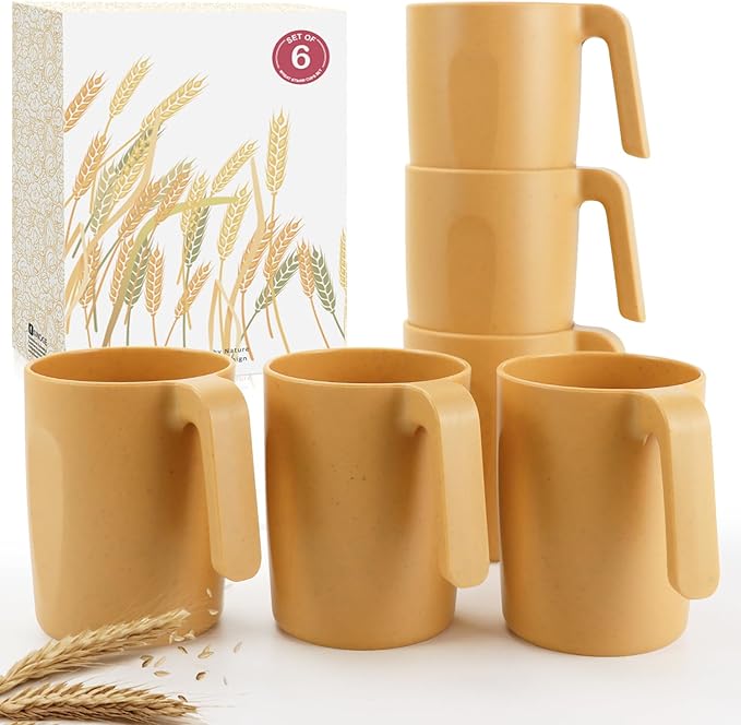 16oz Wheat Straw Cups with handles set of 6-Plastic Cups Reusable-Unbreakable Kids Mugs-Dishwasher Safe & Microwave Safe-Ideal Mugs for Tea,Coffee,Camping,RV-Banana Yellow