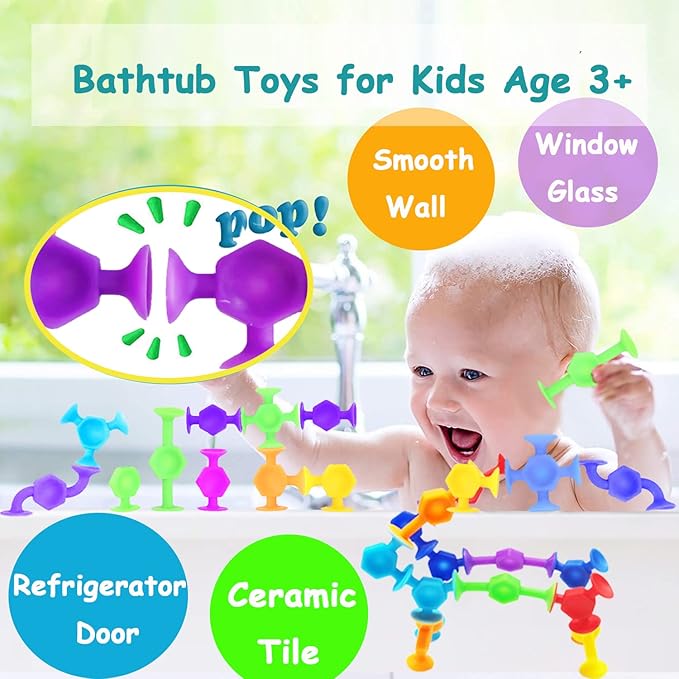 100pcs Suction Bath Toys for Baby Kids, Bath Toy Silicone Construction Building Blocks Montessori Sensory Toy for 3 4 5 6 7 8 Years Old Toddlers Boys Girls with Egg Storage…