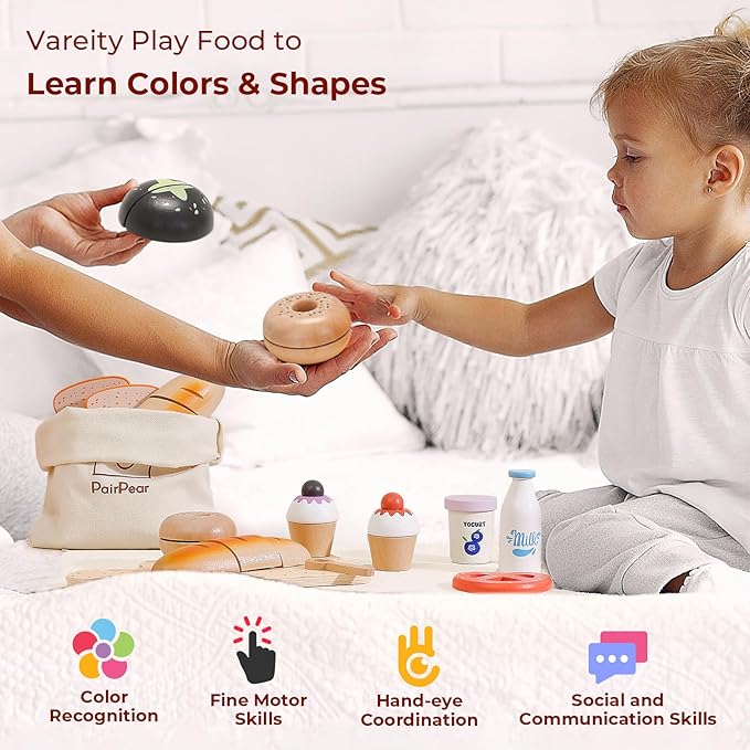 PairPear Wooden Bakery Toy Food Playset for Kids Kitchen, 22 PCS Play Food Kitchen Toys for Toddler 3+, Play Kitchen Accessories with Shopping Bag, Cutting Food Toys Gift for Boys and Girls