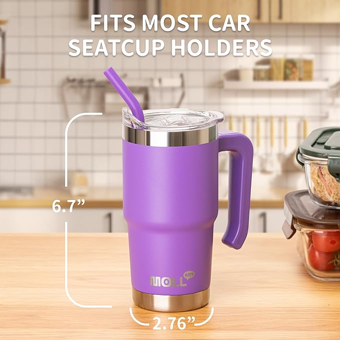 Kids 16 oz Tumbler with Handle-Stainless Steel Double Wall Vacuum Insulated Water Cup with Lid and Straw, Leak Proof- BPA Free, Purple