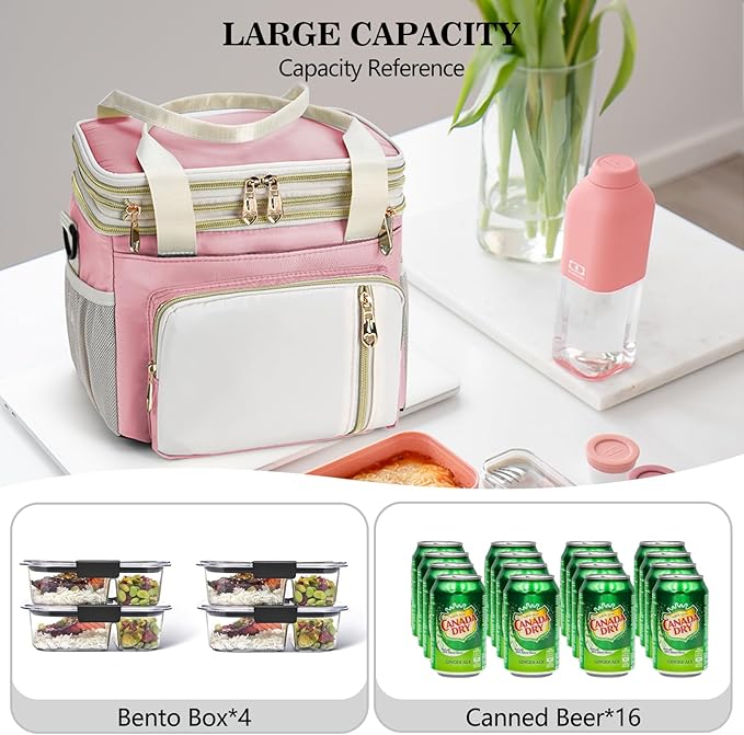 LOKASS Lunch Box & Lunch Bag for Women Men Double Deck, Large Insulated Adult Lunch Box Leakproof Lunchbox Cooler Bag for Work Picnic Beach,（Pink&White 16L）