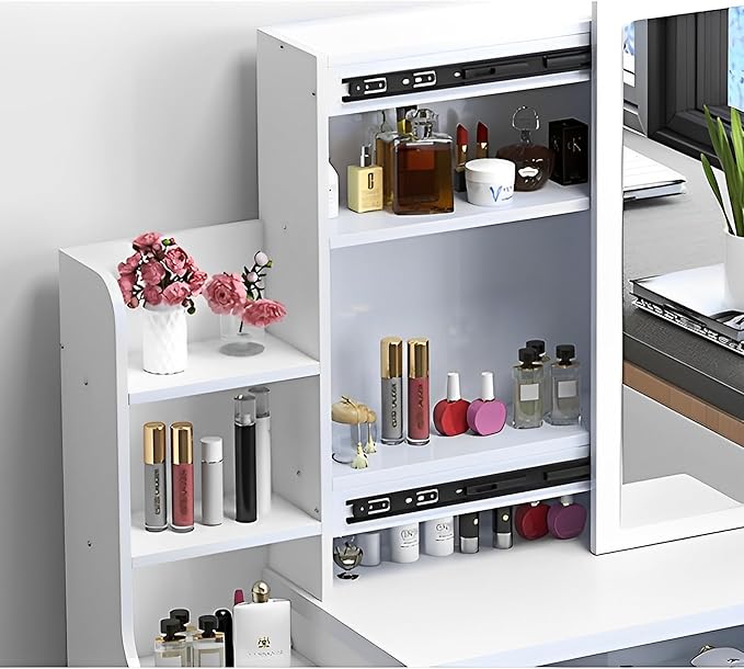 KUIKUI Makeup Vanity Desk Mirror with Lights, Vanity Desk with Mirror and Lights, Vanity Mirror with Lights Desk and Chair, 35.43''x15.35''x53.15'', 4 Drawers