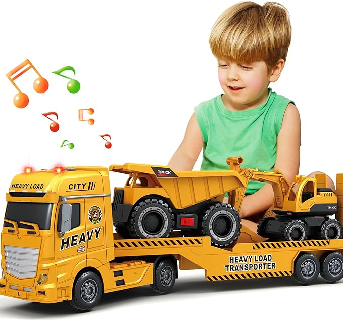 SpringFlower 3 4 5 6 Toddler Boy Toys, 25" Construction Carrier Toy with Excavator and Dump Truck,3 in 1 Truck, Christmas Birthday Gifts for Kids 3 4 5 6 Years Old