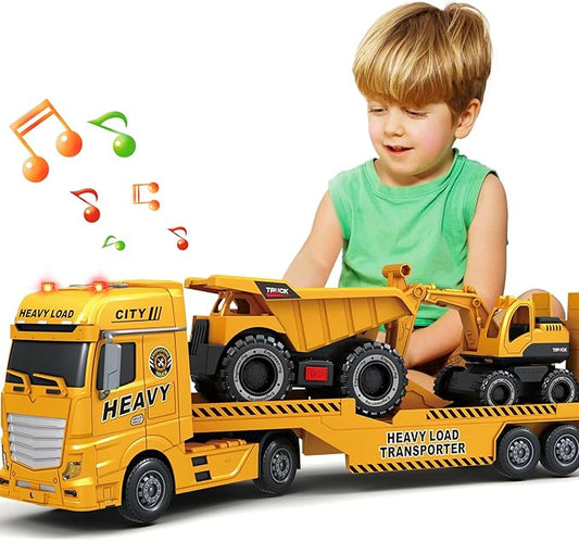 SpringFlower 3 4 5 6 Toddler Boy Toys, 25" Construction Carrier Toy with Excavator and Dump Truck,3 in 1 Truck, Christmas Birthday Gifts for Kids 3 4 5 6 Years Old