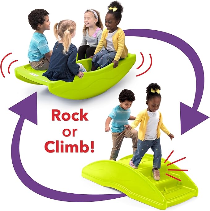 Simplay3 Two Sided Rock and Roll Teeter Totter Seesaw and Climbing Bridge, Fits up to Four Children and Kids for Rocking and Climbing - Indoor/Outdoor, Made in USA (Lime Green)