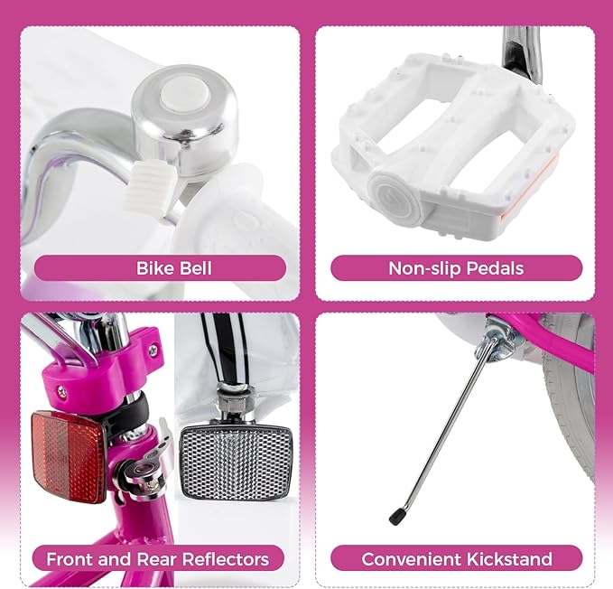 BABY JOY Kids Bike, 12 14 16 18 Inch Children Bicycle w/Detachable Training Wheels, Storage Basket, Adjustable Seat & Handlebar, Bow or Streamer, Girls Bike for 3-8 Years Old