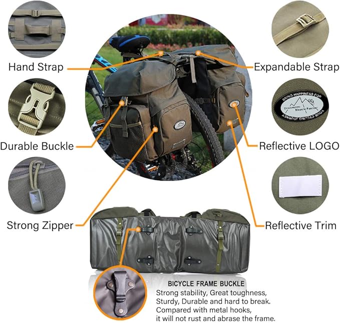 Dreamoon 50L Bike Panniers, Waterproof Bicycle Commuting Bag Saddle Bags with Rain Cover, Bike Rear Seat Bag Carrier with Reflective Trim, Cycling Organizer for Width Less Than 6.3 inches Rack (Green)