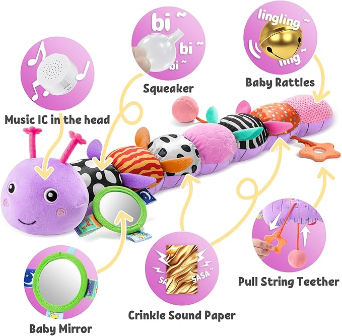 LIGHTDESIRE Baby Toys 6-12 Months Musical Caterpillar,Infant Toys Stuffed Animals with Ruler Design Mirror,Pull String,Crinkle&Rattles,Teething Toys for Tummy Time, Boy Girl Gifts 0-12 Months(Purple)