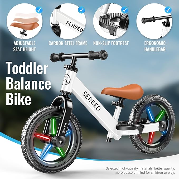 SEREED Toddler Balance Bike 2 Year Old, No Pedal Kids Bicycle Toys for 2-5 Years Old, Tool-Free Adjustment, Customize Plate with Stickers, Gift for 2-3 Boys Girls (White Lighting)
