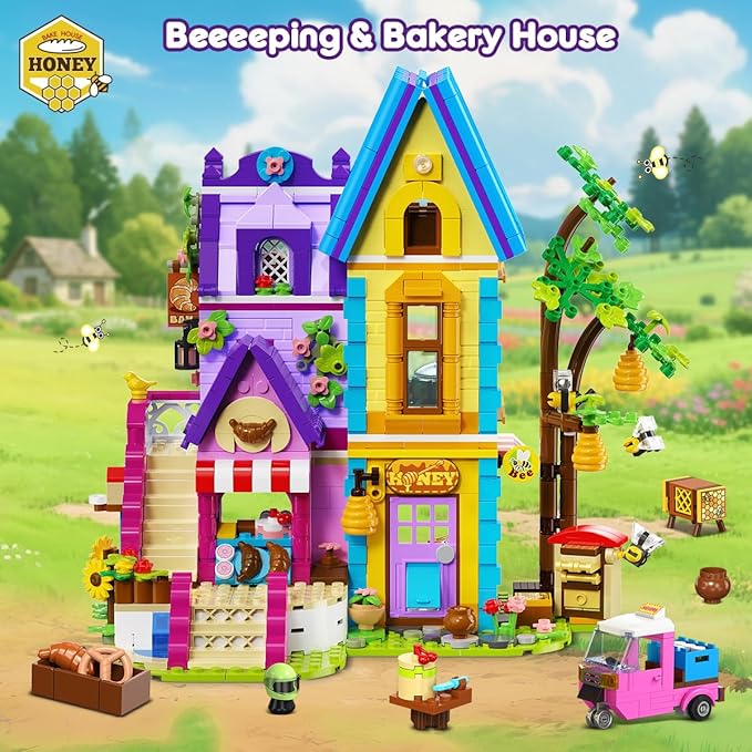 HOGOKIDS Beekeeping & Bakery House Building Toy with LED Light - 1084PCS Friends Girls Baking Building Set with Honey Workshop, Pretend Play Birthday for Kid Girls Boys Ages 8-12+ Years