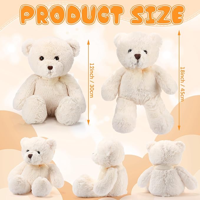 HyDren 2 Pack Plush Bear Stuffed Animals 18 Inch Cuddly Stuffed Bear Plushies with Bow for Birthday Gifts Baby Shower Party Favor Decors Operation Christmas Bulk(White)