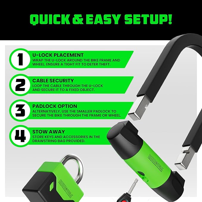 Rhino USA Bike Lock Set - Heavy Duty Anti Theft U Lock, 4FT Steel Security Cable, Padlock, 4 Lighted Keys. Dual Purpose Locks for EBike, Motorcycle, Electric Scooter, Bicycle
