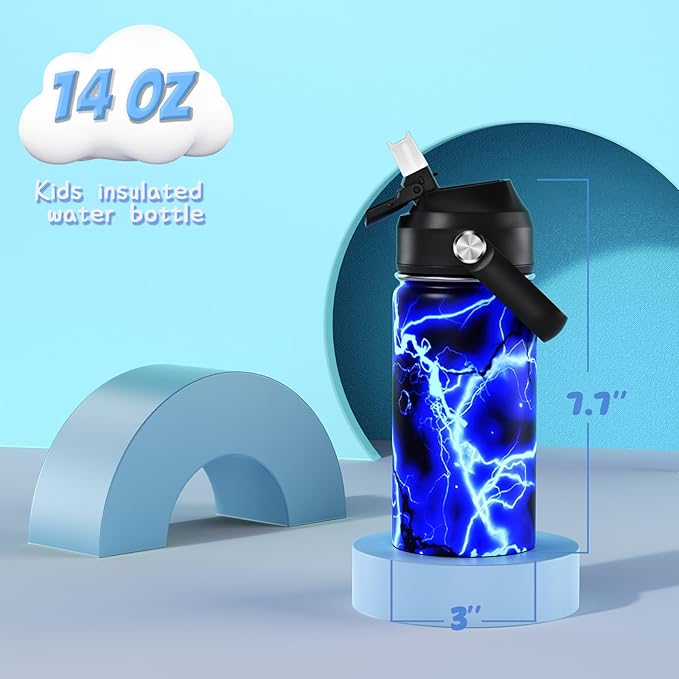 14oz Kids Insulated Water Bottle with Straw Lid - 18/8 Stainless Steel Kid Cup Travel Tumbler Double Wall Vacuum Leak Proof Portable Toddler Water Bottle (Lightning）