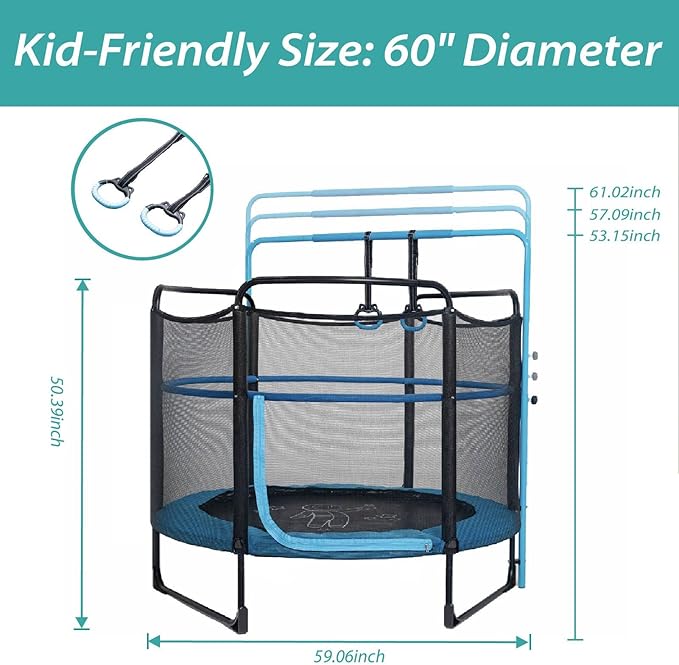 Skywalker Trampolines for Kids with Enclosure Net – 60" Indoor Outdoor Toddler Trampoline with Safety Padding, Foam-Covered Poles, Anti-Pinch Design, Sturdy Frame, for Ages 3-6