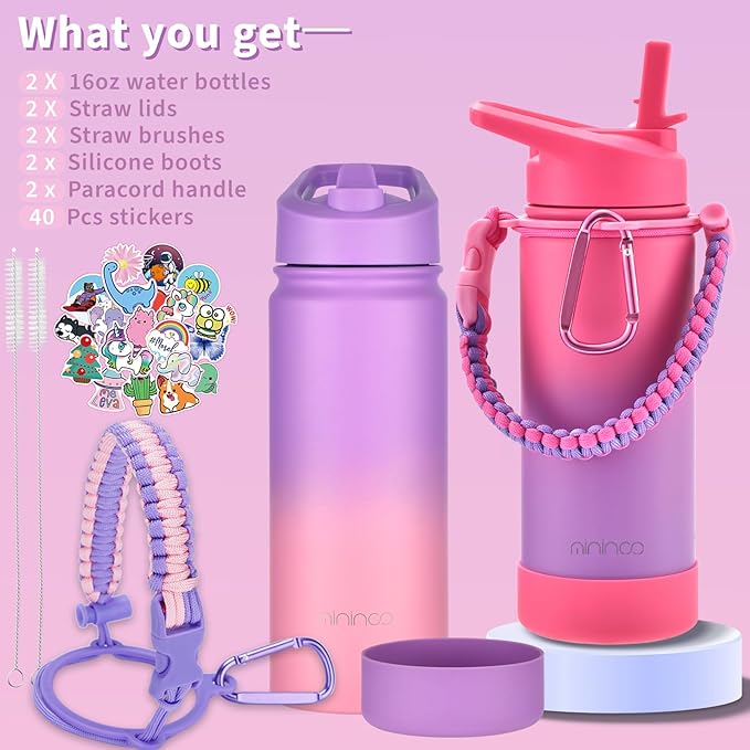 Mininoo Insulated Kids Water Bottle, 16oz Stainless Steel Water Bottle Kids with Paracord Handle for Girls, Boys (2 Pack)