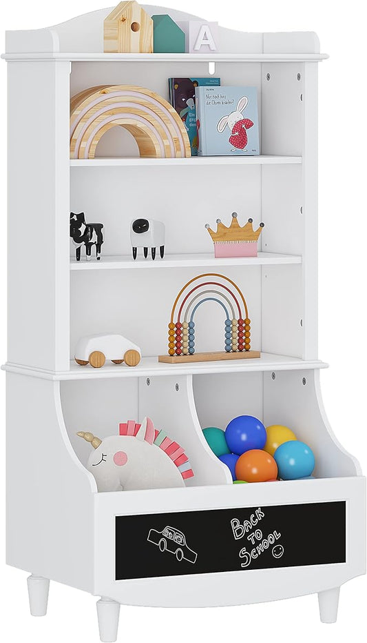 UTEX Wood Open Bookshelf and Toy Storage, Bookcase with Blackboard and Cubbies, Toy Organizer Cabinet, Bookshelves Display Stand for Toddlers, Kids, White