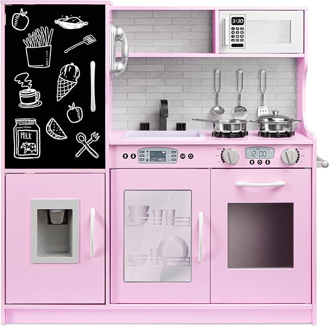 Best Choice Products Pretend Play Kitchen Wooden Toy Set for Kids w/Realistic Design, Telephone, Utensils, Oven, Microwave, Sink - Pink