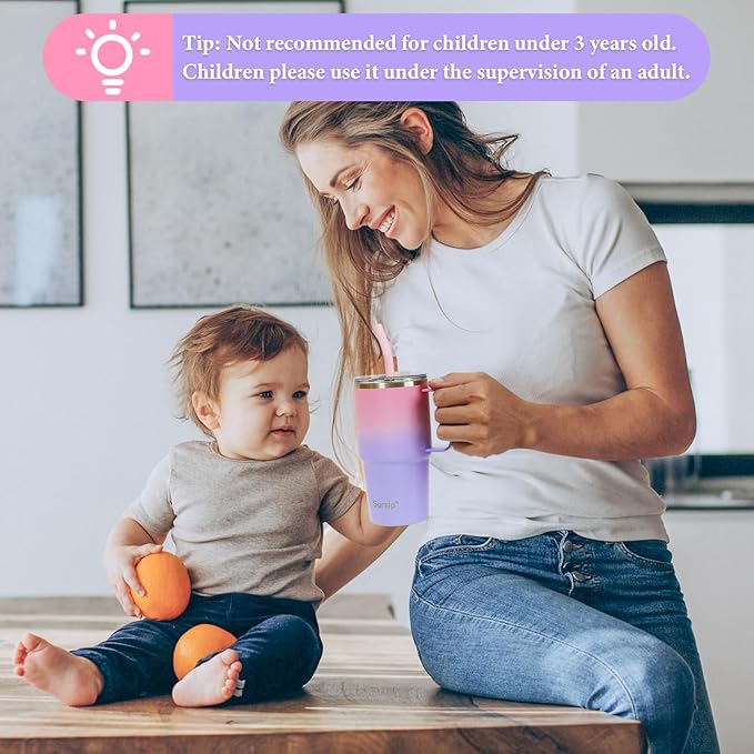 Sursip 24 oz Insulated Cup with Handle, Double Wall Vacuum Stainless Steel Tumbler with Straw and 2 Lids, For Cold/Hot Drinks, Coffee Travel Mug for Car/Home/Office/Party/Camping (Pink-1 Pack)