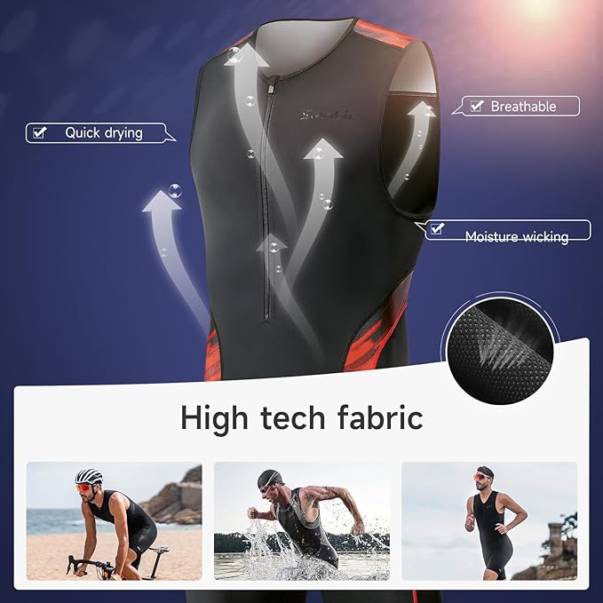 Santic Men's Triathlon Suit Sleeveless Skinsuit Padded Quick-Dry Swim Bike Run with Pockets