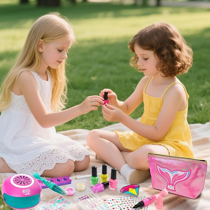 Amagoing Kids Nail Polish Set for Girls, Girls Nail Kit Ages 7-12 with Nail Dryer, Quick-Dry Nail Polish, Nail Art Pens, Cartoon Press on Nail, Makeup Bag, Spa Manicures Birthday Christmas Gift Toy