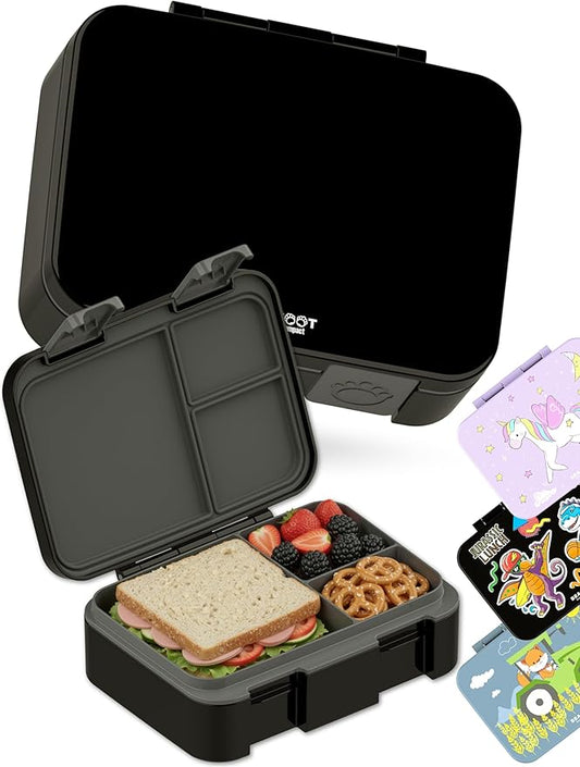 BEARFOOT Kids Lunch Box with Compartments – Compact & Lightweight | Leak-Proof, BPA-Free, Dishwasher & Microwave Safe | Hand-Drawn Design for Preschool, School, Travel (Black, 2.75 Cups)